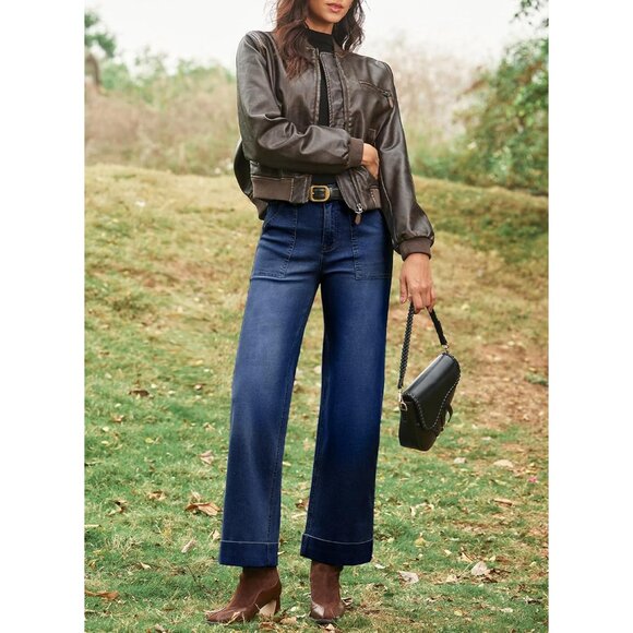 Women’s High Waist Wide Leg Cropped Stretchy Denim Jeans Pockets - Picture 7 of 7